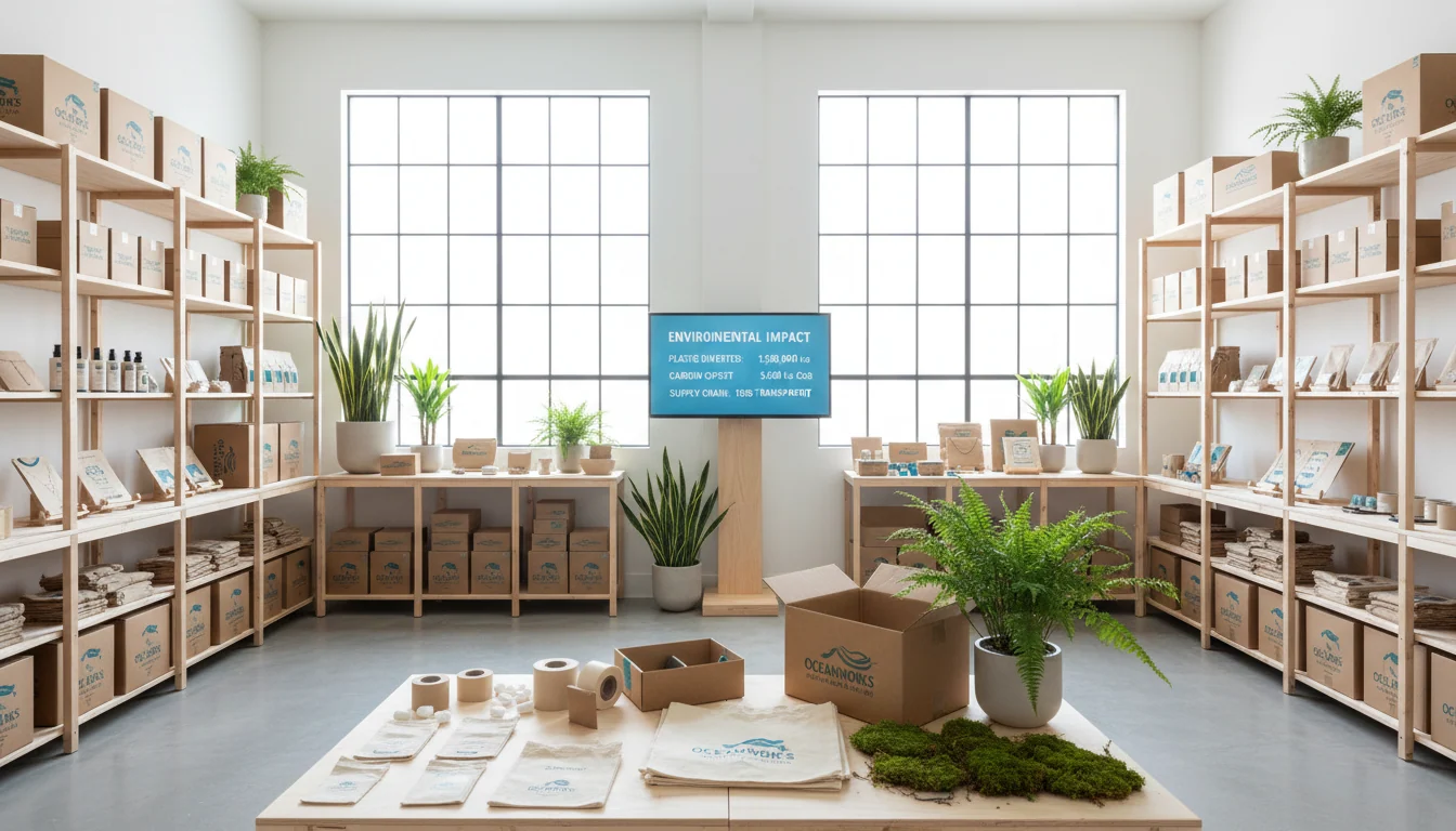 Modern sustainable fulfillment center with organized products, eco-friendly packaging, and environmental impact dashboard displayed on wall