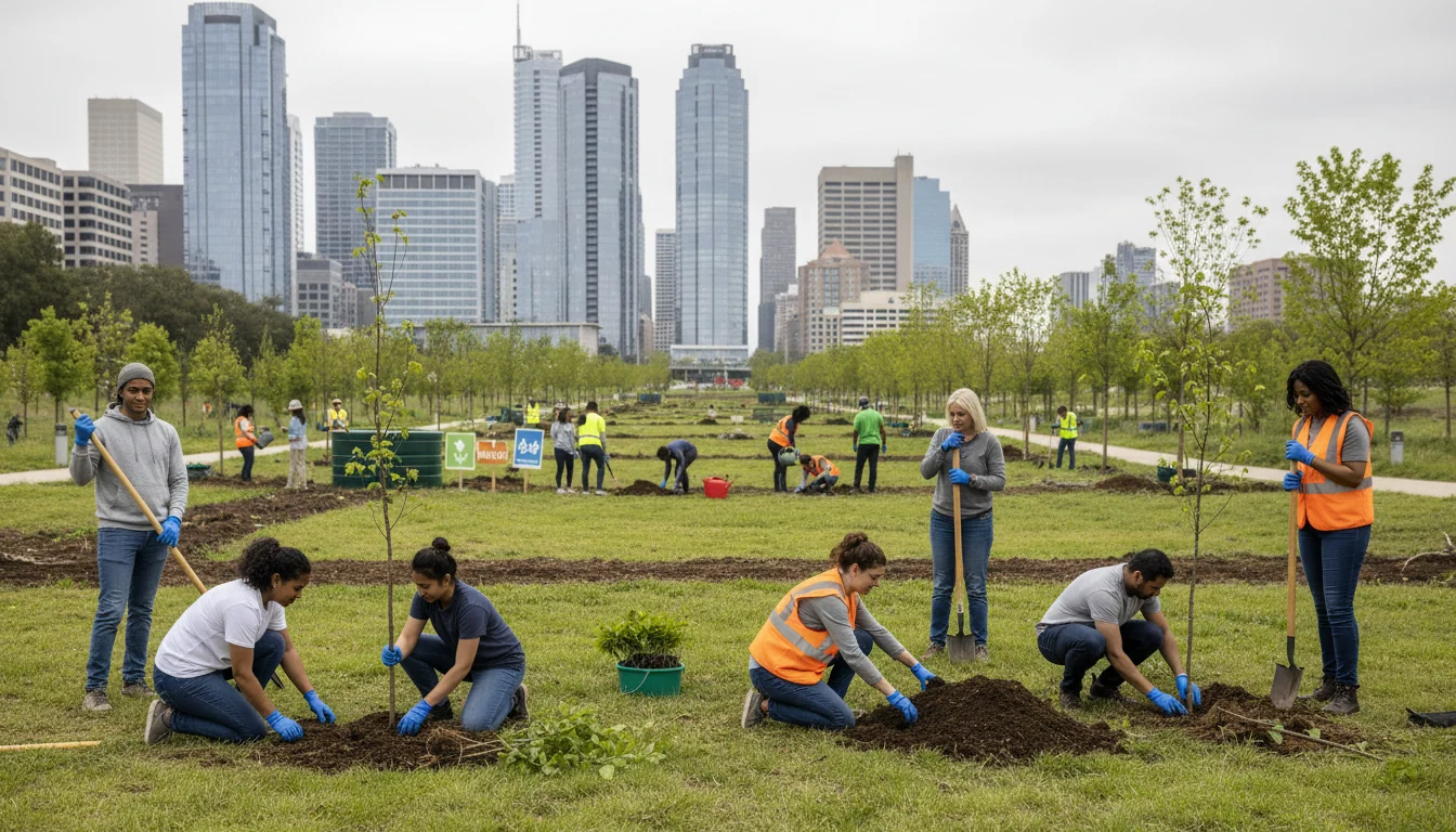 Diverse group planting seedlings together in urban park with city skyline background, demonstrating community environmental restoration