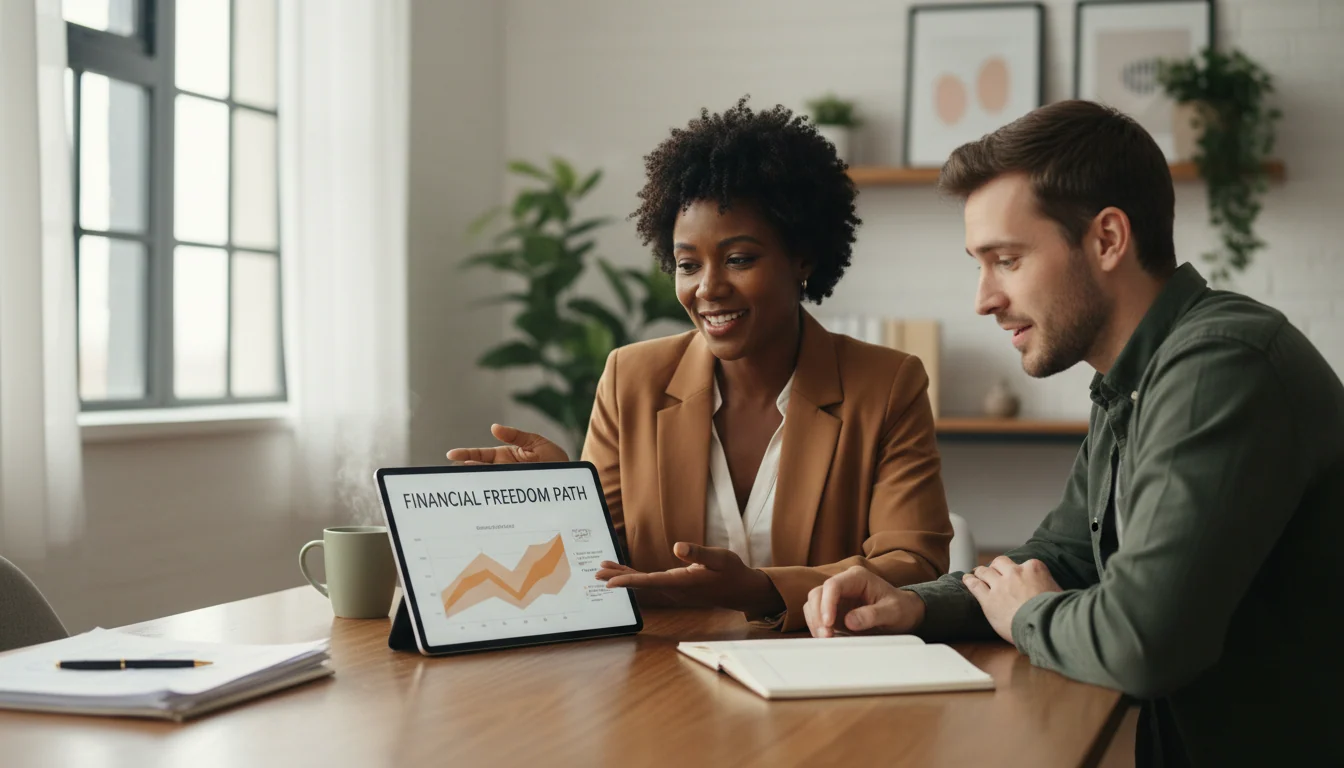 Financial coach and client having engaged discussion at wooden table with documents and charts in bright, naturally-lit office