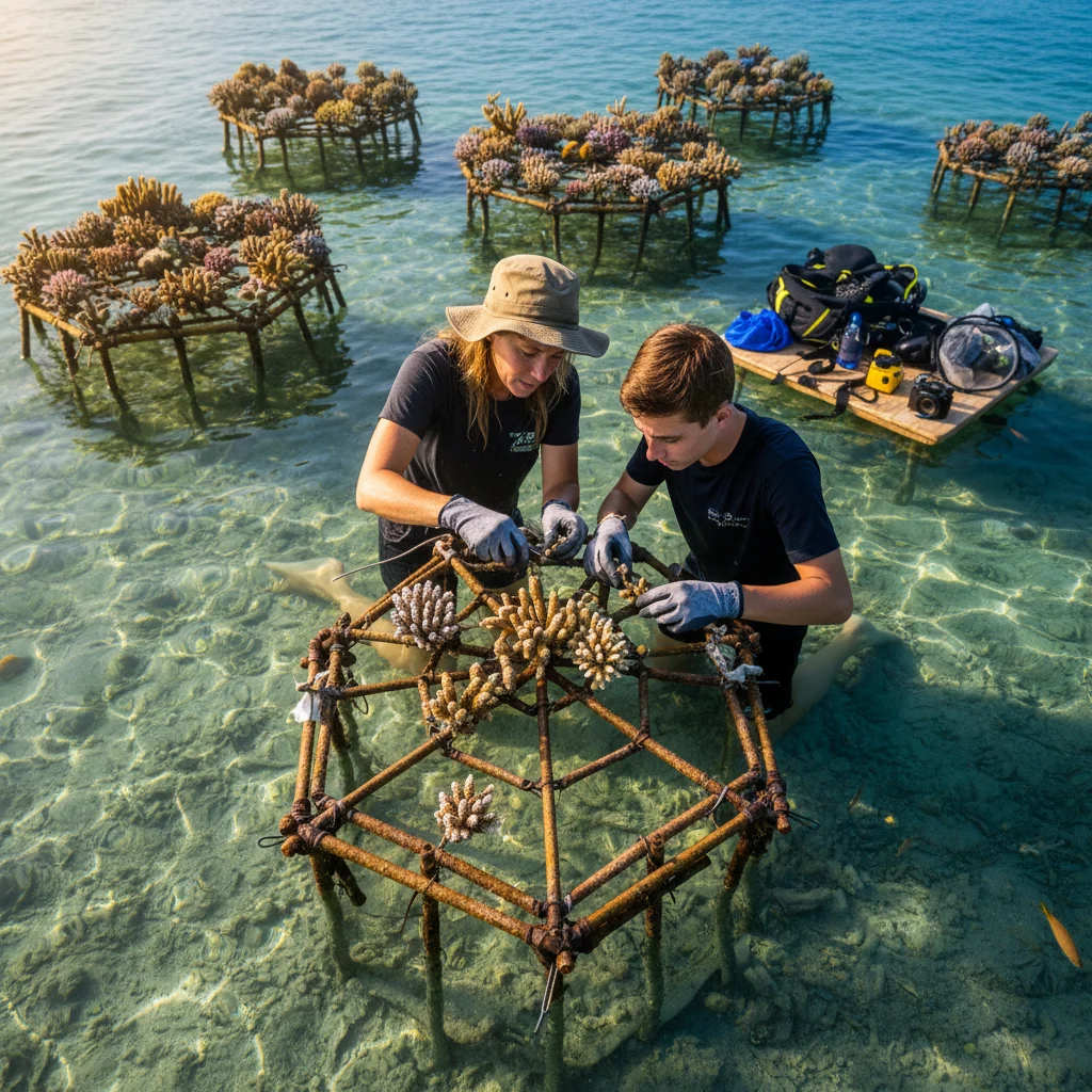Marine conservationist and volunteer carefully transplanting coral fragment onto reef restoration structure in shallow water