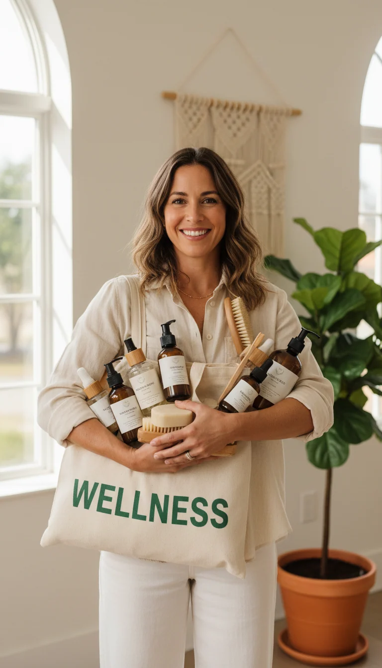 Person holding sustainable eco-friendly household and personal care products in sunlit home environment