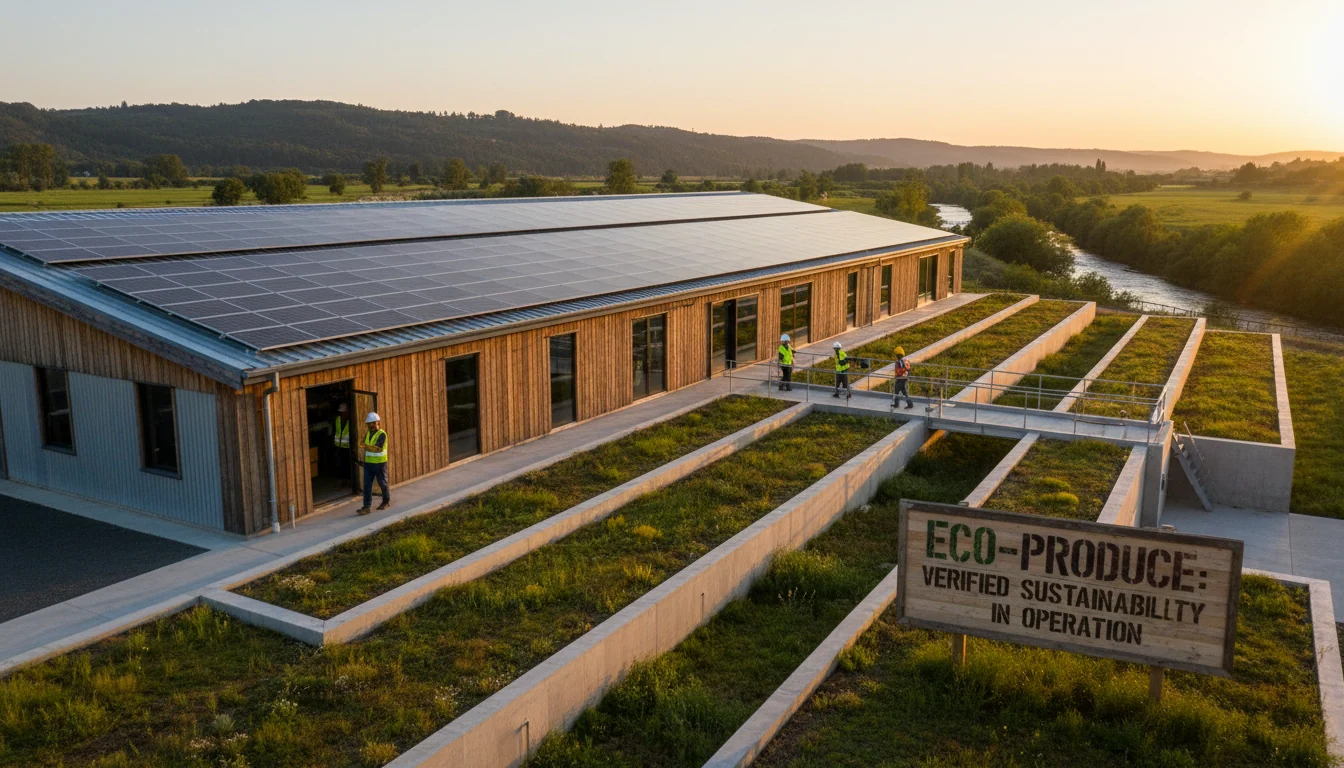 Sustainable production facility in emerging market showing solar panels, workers, and green infrastructure implementation