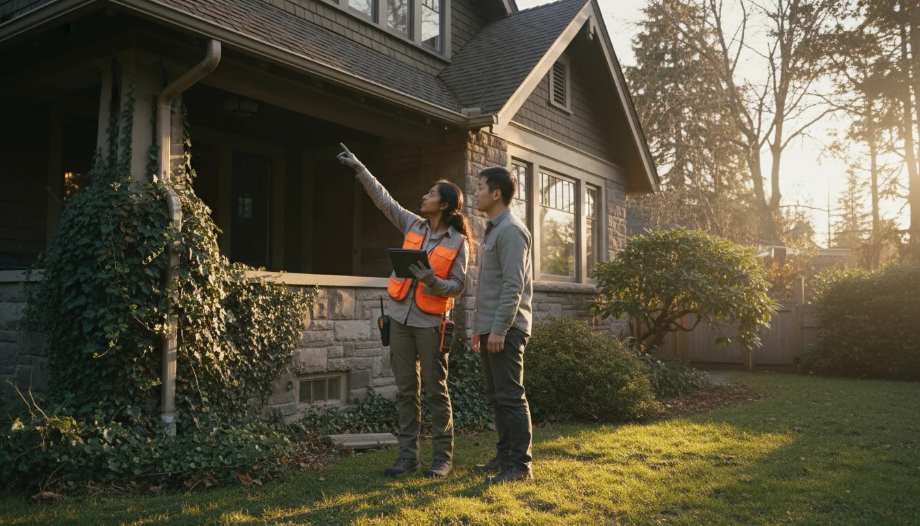 Wildlife consultant discussing property assessment findings with homeowner, pointing out potential wildlife entry points and habitat concerns around residential building