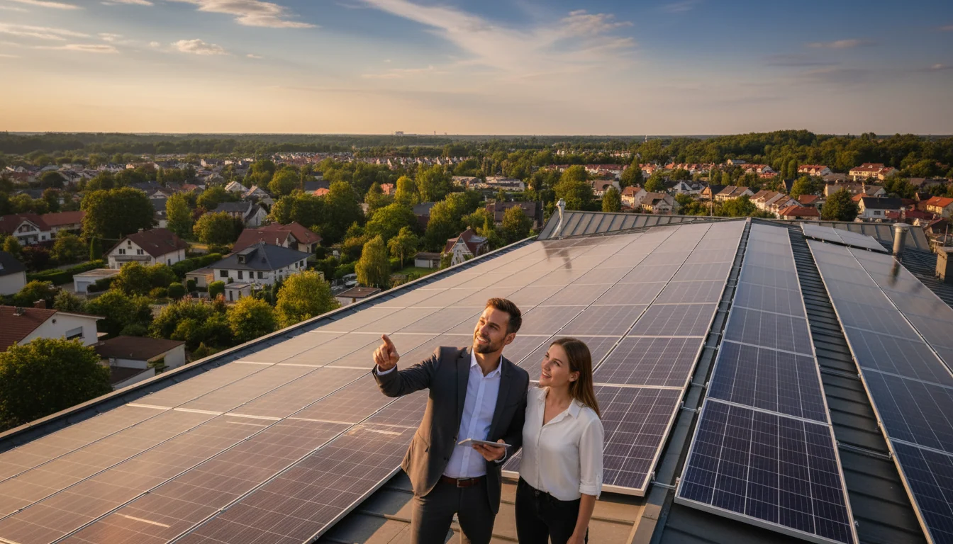 Homeowner and consultant on residential rooftop examining newly installed solar panel array during golden sunset hour