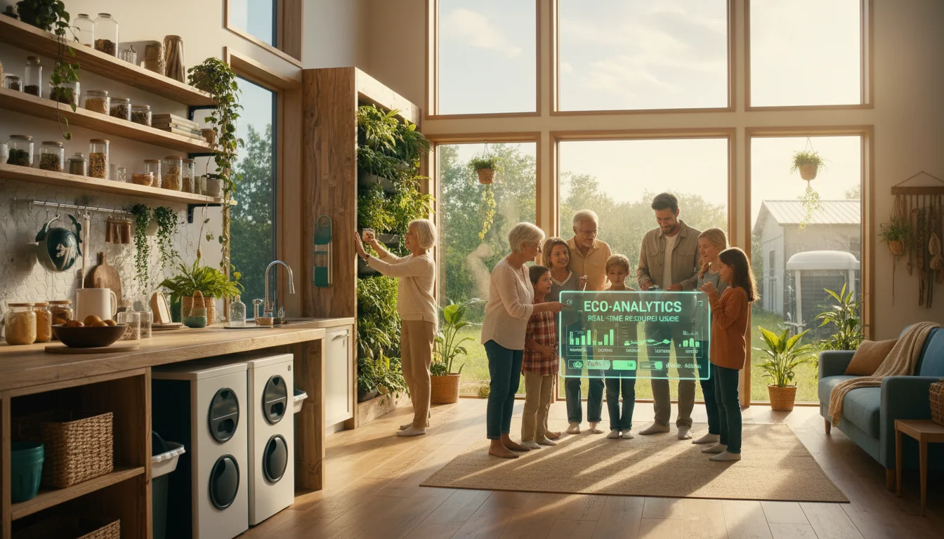 Multi-generational family collaborating with smart home sustainability hub displaying resource usage analytics in bright modern eco-conscious home