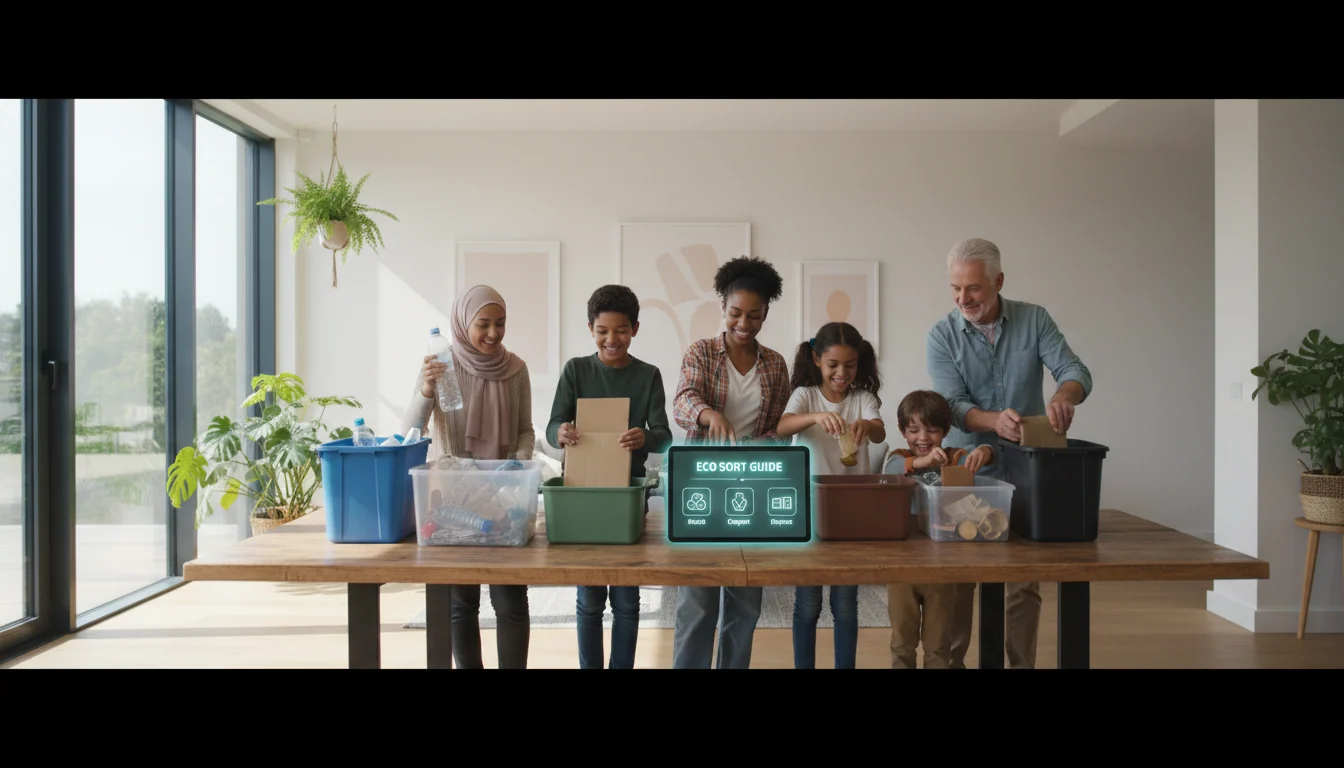 Diverse family members sorting household waste at table with multiple bins and digital guidance in bright, plant-filled living room