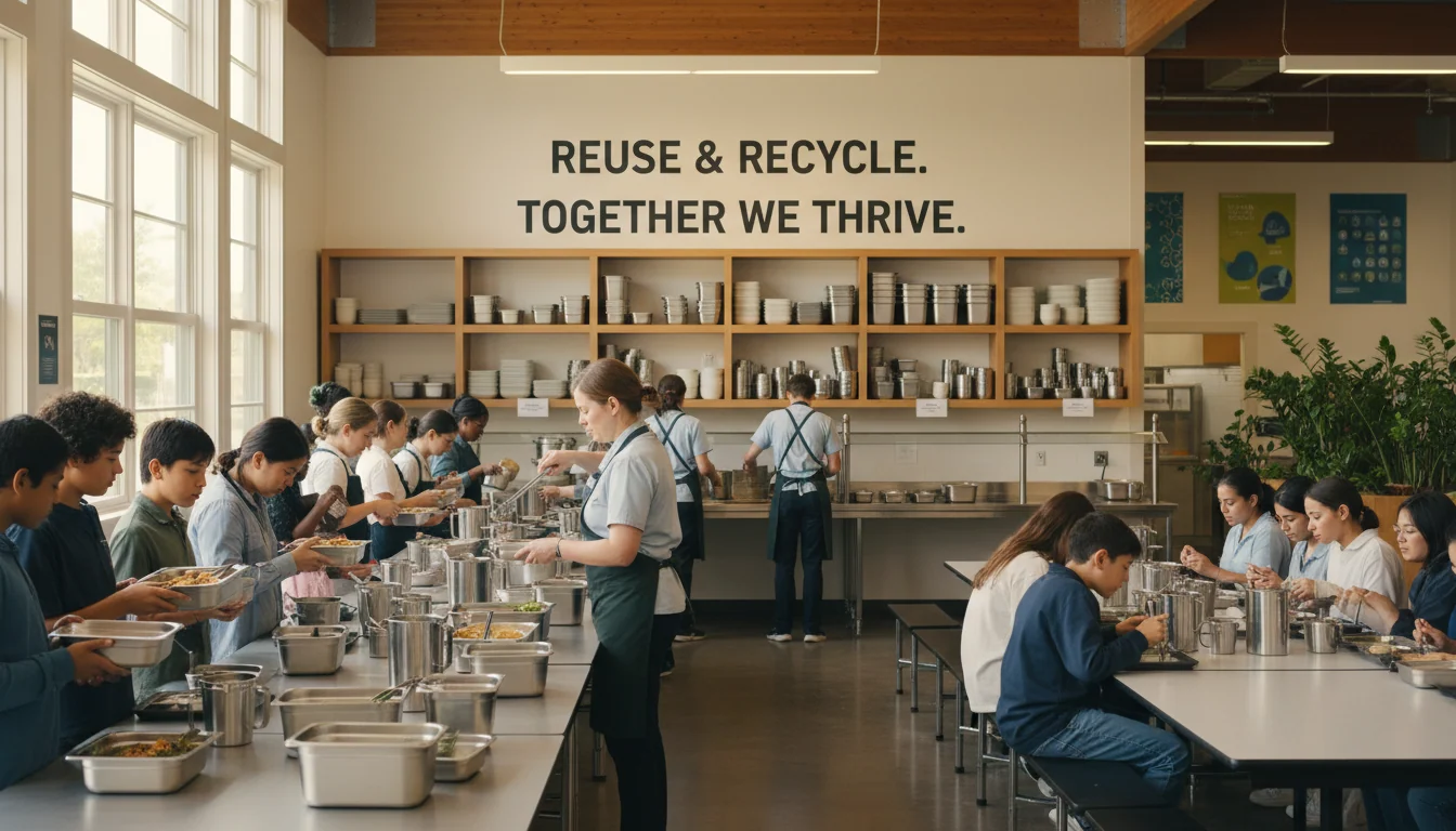School cafeteria lunch service with students and staff using reusable containers in sustainable closed-loop dining system