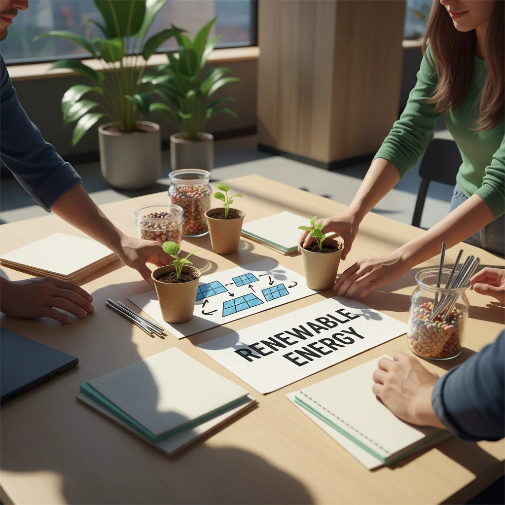 Diverse hands arranging seedlings, recycled materials, and renewable energy diagrams on wooden table in bright natural light