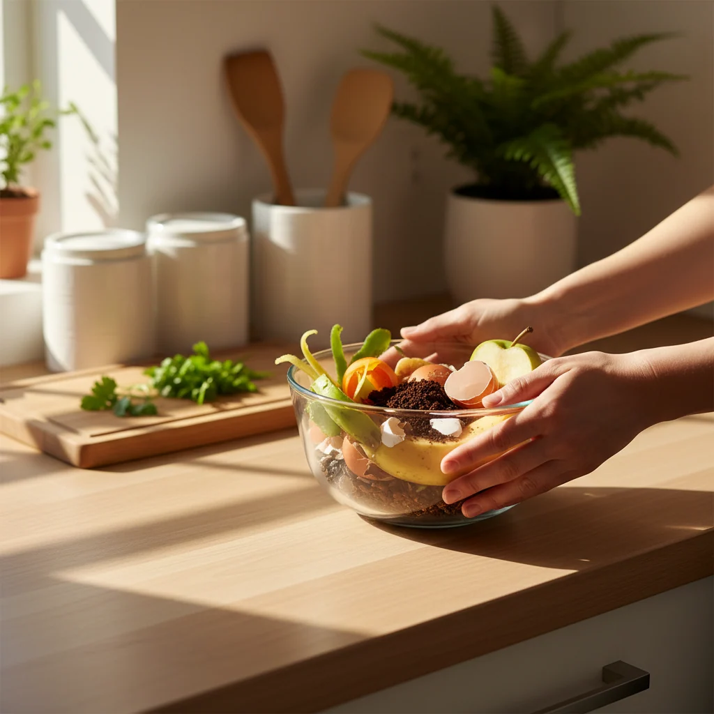Hands holding glass bowl of composting kitchen scraps with natural morning light in bright, sustainable kitchen environment