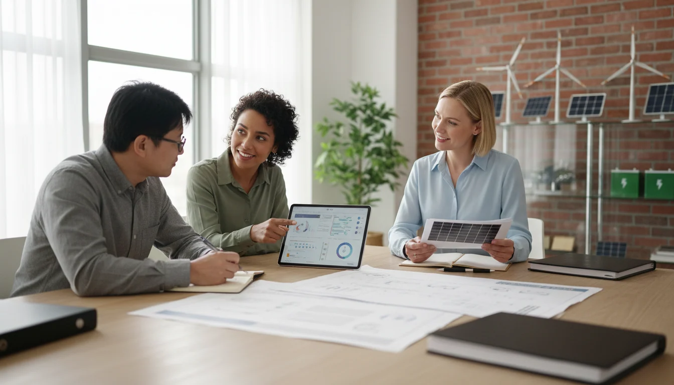 Energy consultants reviewing sustainability data and renewable energy specifications at collaborative meeting table in modern office